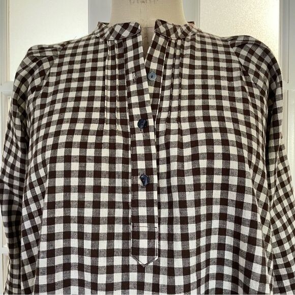 Pietsie Atlin Brwn/Wht Gingham Pull Over Long Full Sleeve Pleated Top Sz-M NWT! - Picture 1 of 9